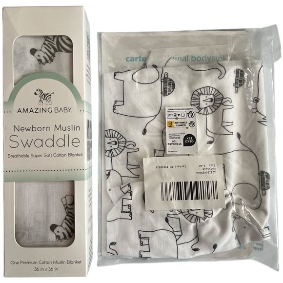 Lot 2 Carter's Body Suit 3-6 months /Amazing Baby Muslin Swaddle - Picture 1 of 4